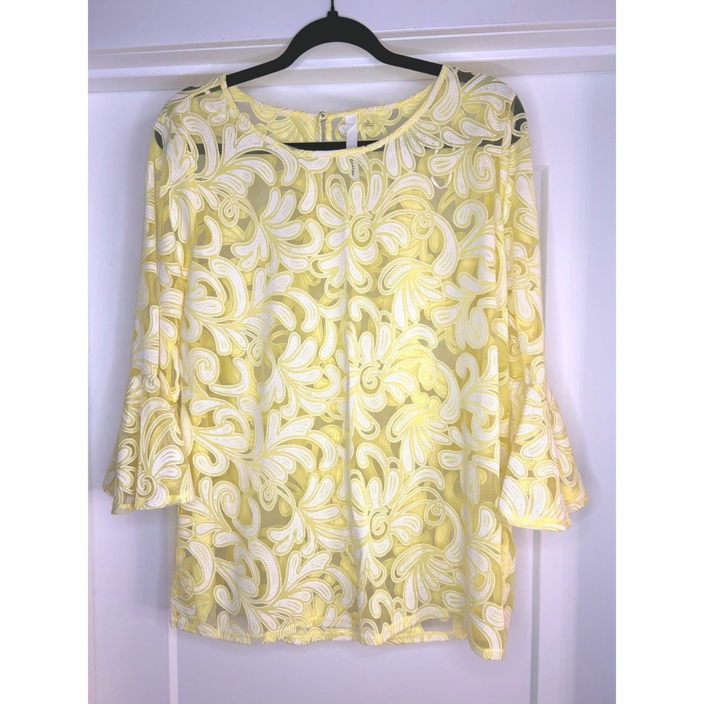 NY Collection Women Yellow White Floral Embroidered Mesh Bell Sleeve Blouse XL